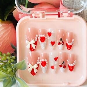 Red and White Nail Art Set with Pearls and Bows